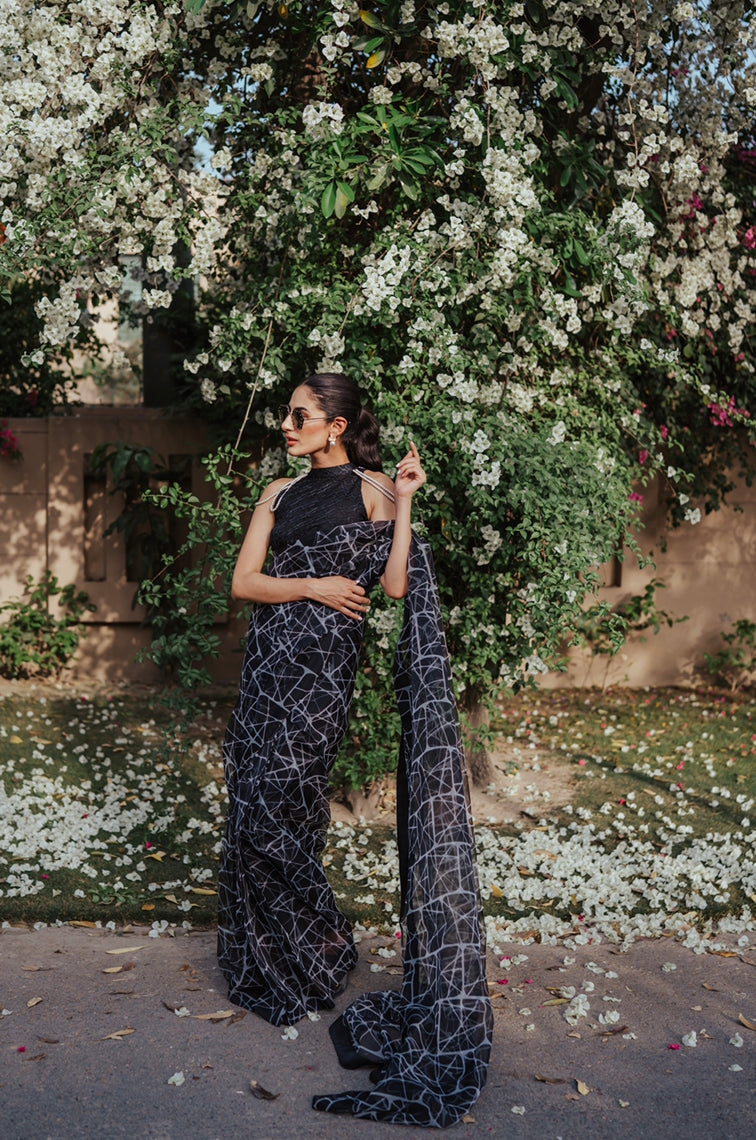 Pakistani Black Resham Embroidered Organza Saree (3-Piece) - Image 3