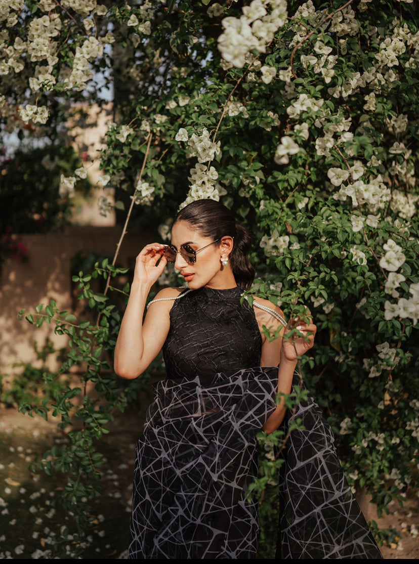 Pakistani Black Resham Embroidered Organza Saree (3-Piece) - Image 4