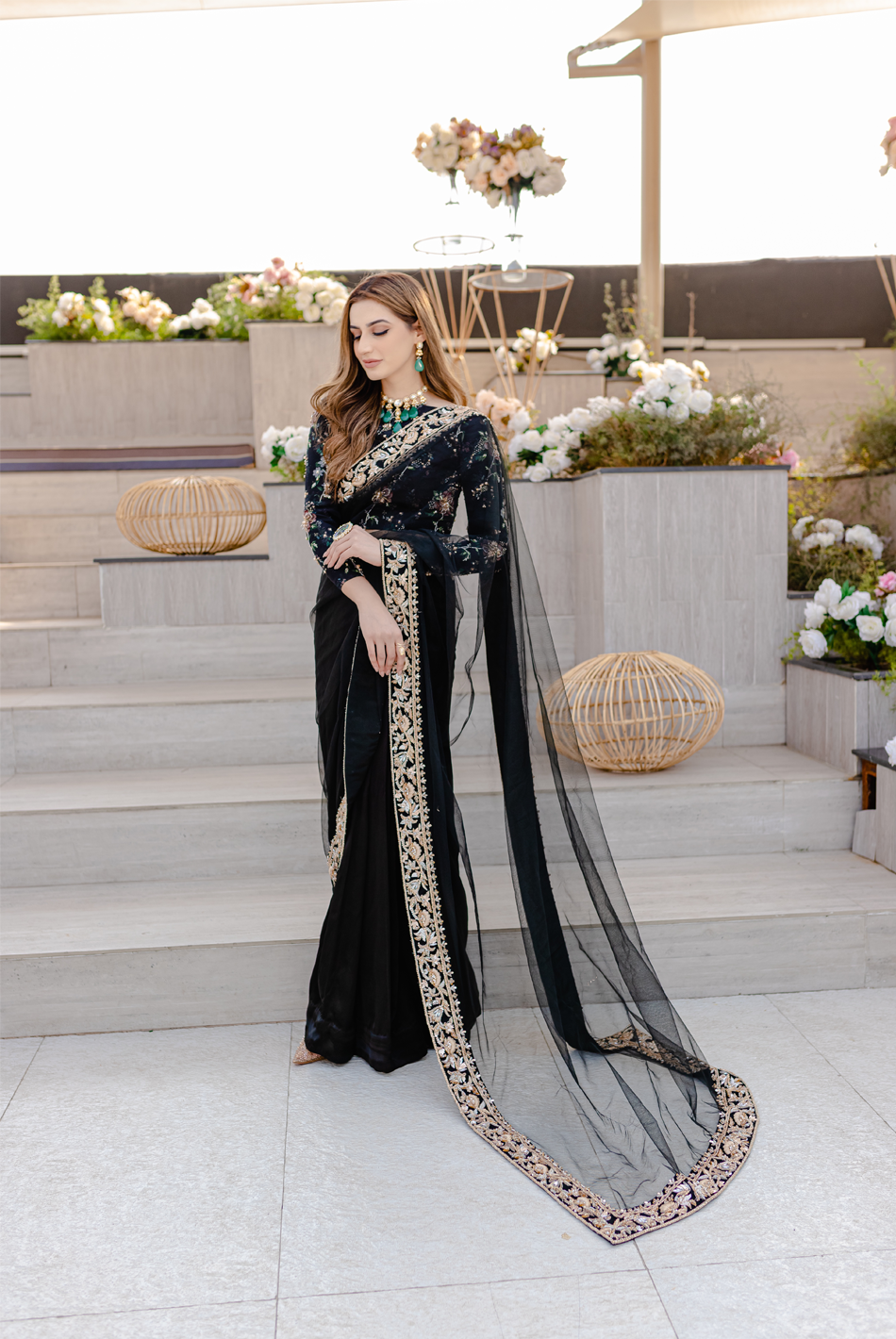 Pakistani Black Crystal & Salma Embellished Organza Silk Saree (2-Piece) - Image 2