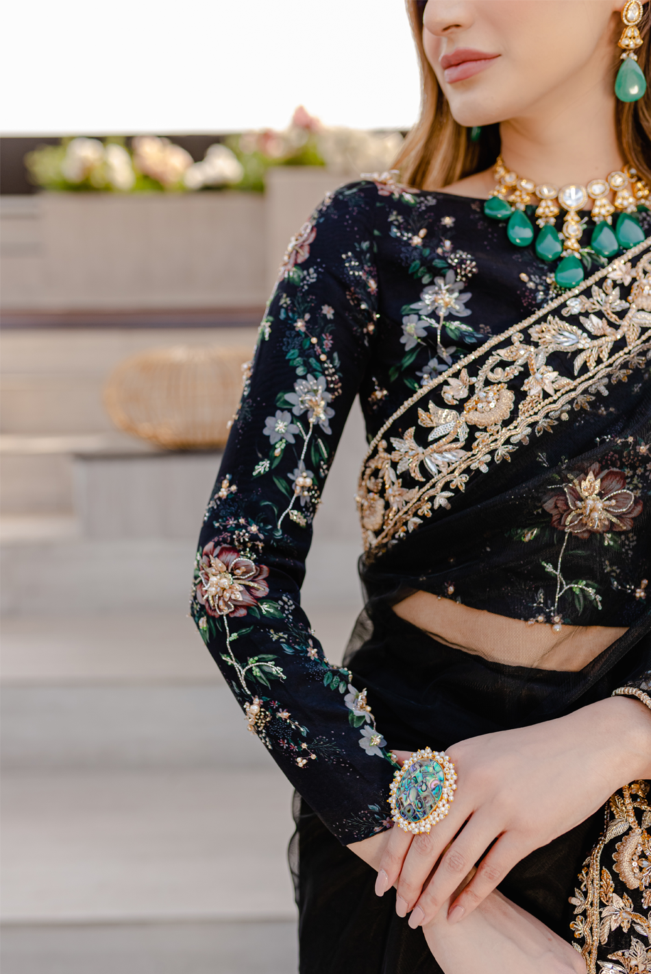 Pakistani Black Crystal & Salma Embellished Organza Silk Saree (2-Piece) - Image 5