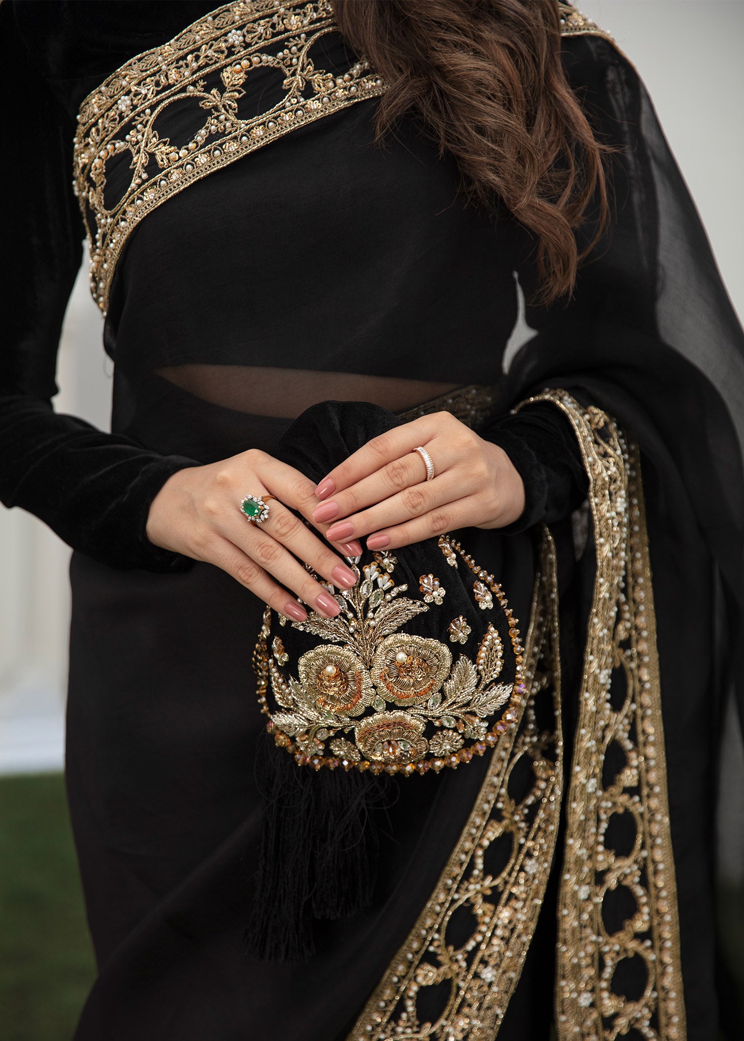 Black Handworked Organza Saree with Velvet Blouse (2-Piece) - Image 3