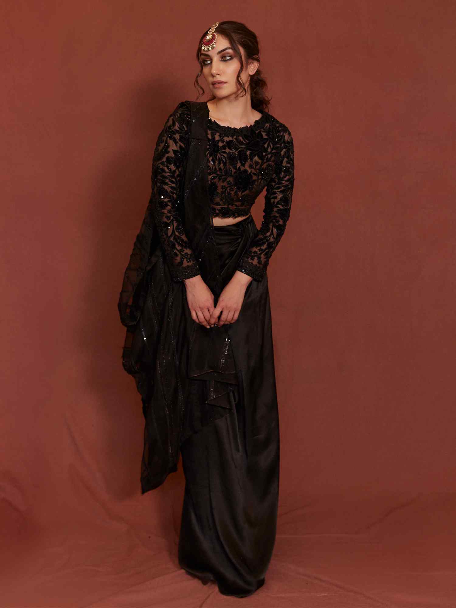 Pakistani Black Zardozi Organza & Satin Sari Set (3-Piece) - Image 1