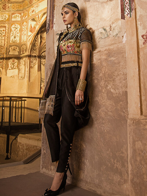 Pakistani Black Digital Print Satin-Silk Saree Pant (2-Piece) - Image 1