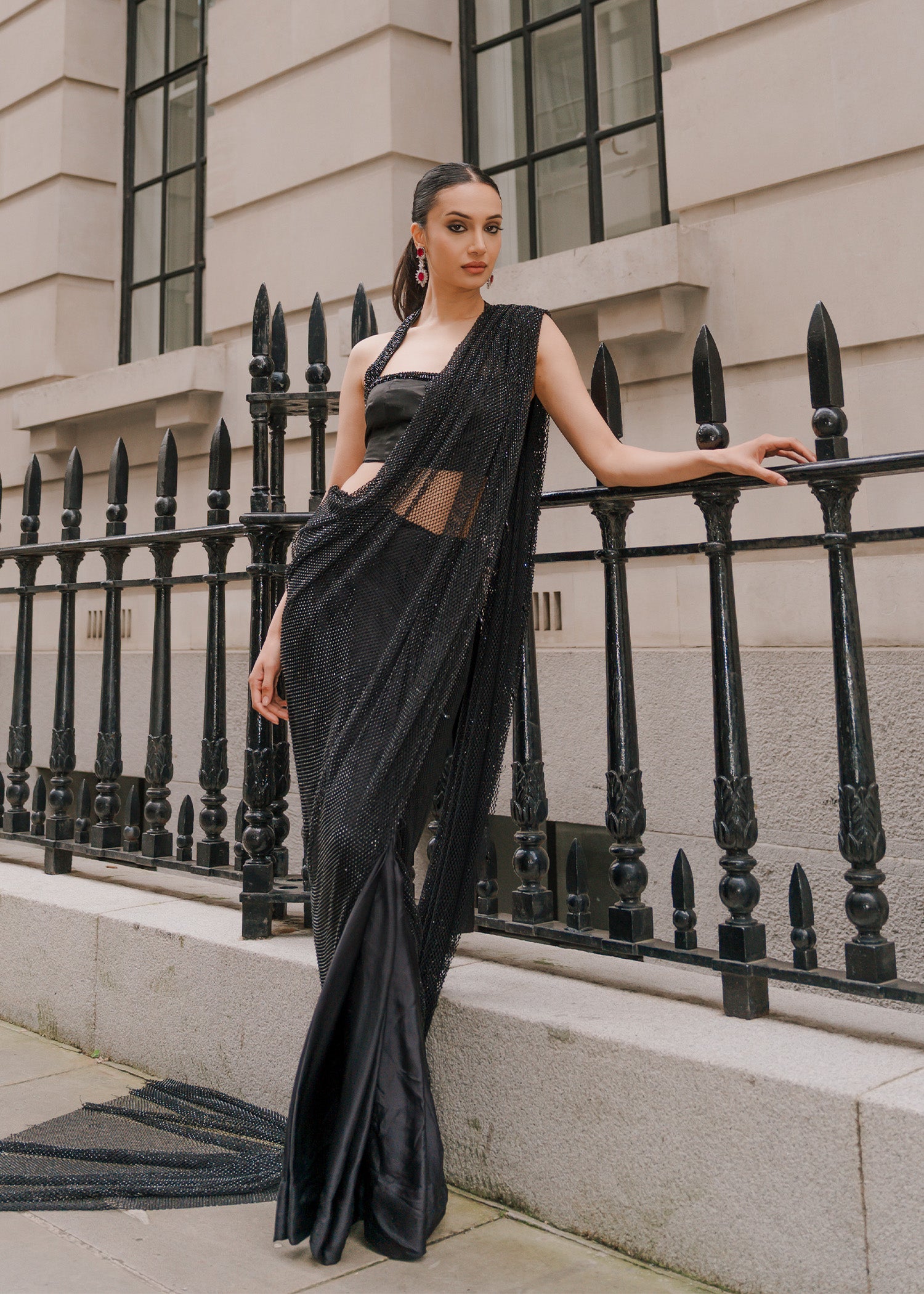 Pakistani Black Crystal Embellished Raw Silk Saree (2-Piece) - Image 2