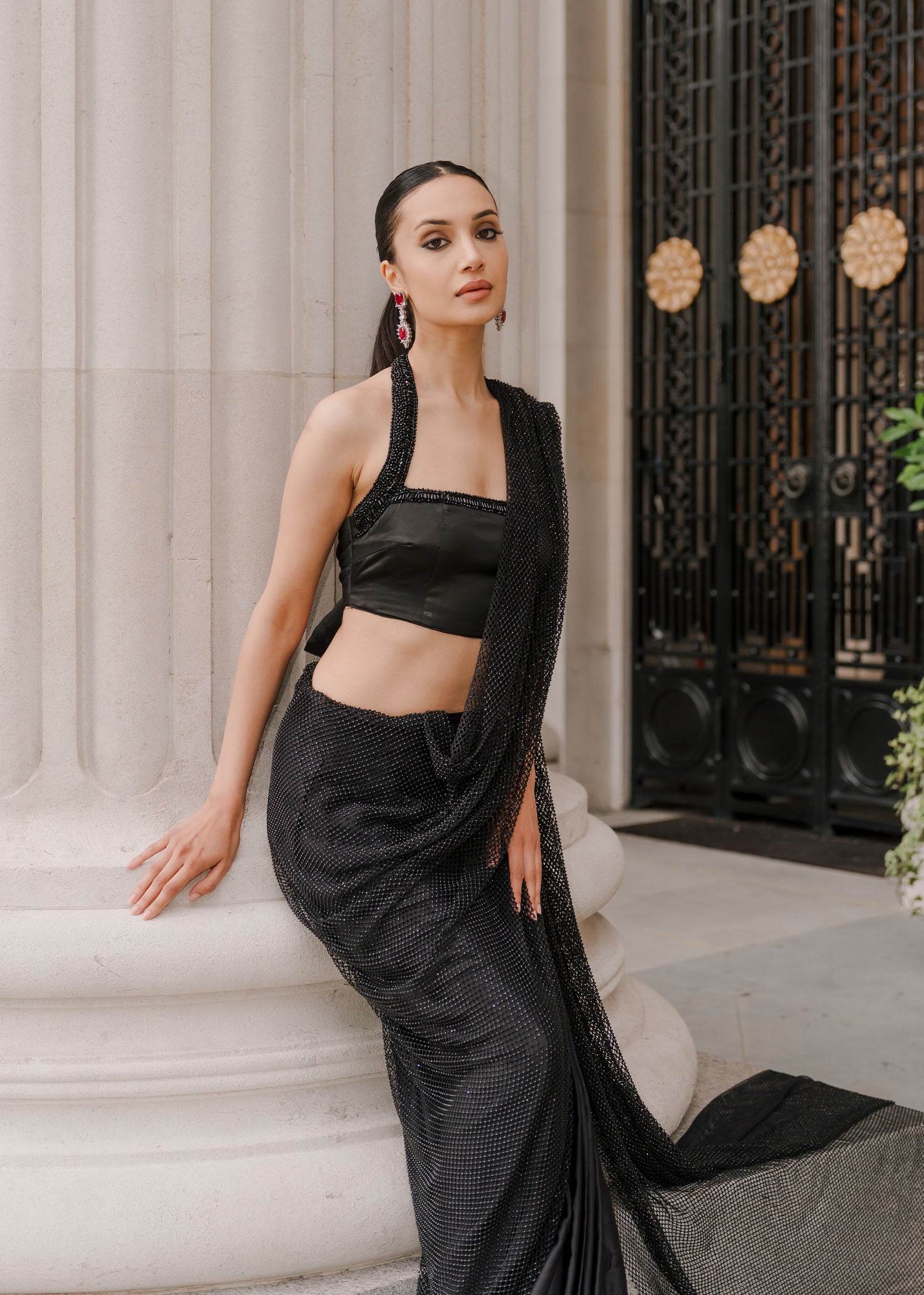 Pakistani Black Crystal Embellished Raw Silk Saree (2-Piece) - Image 3