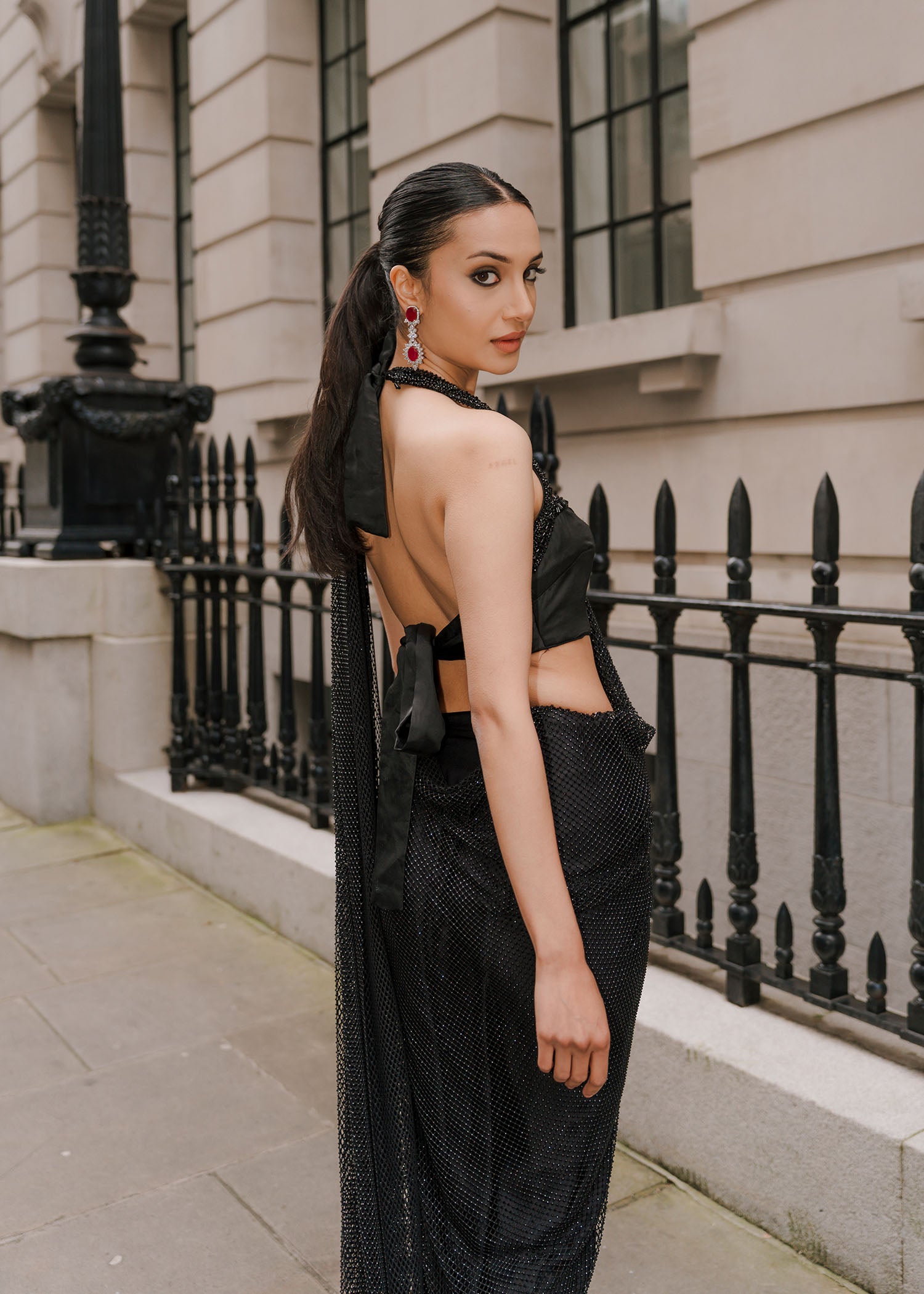 Pakistani Black Crystal Embellished Raw Silk Saree (2-Piece) - Image 4