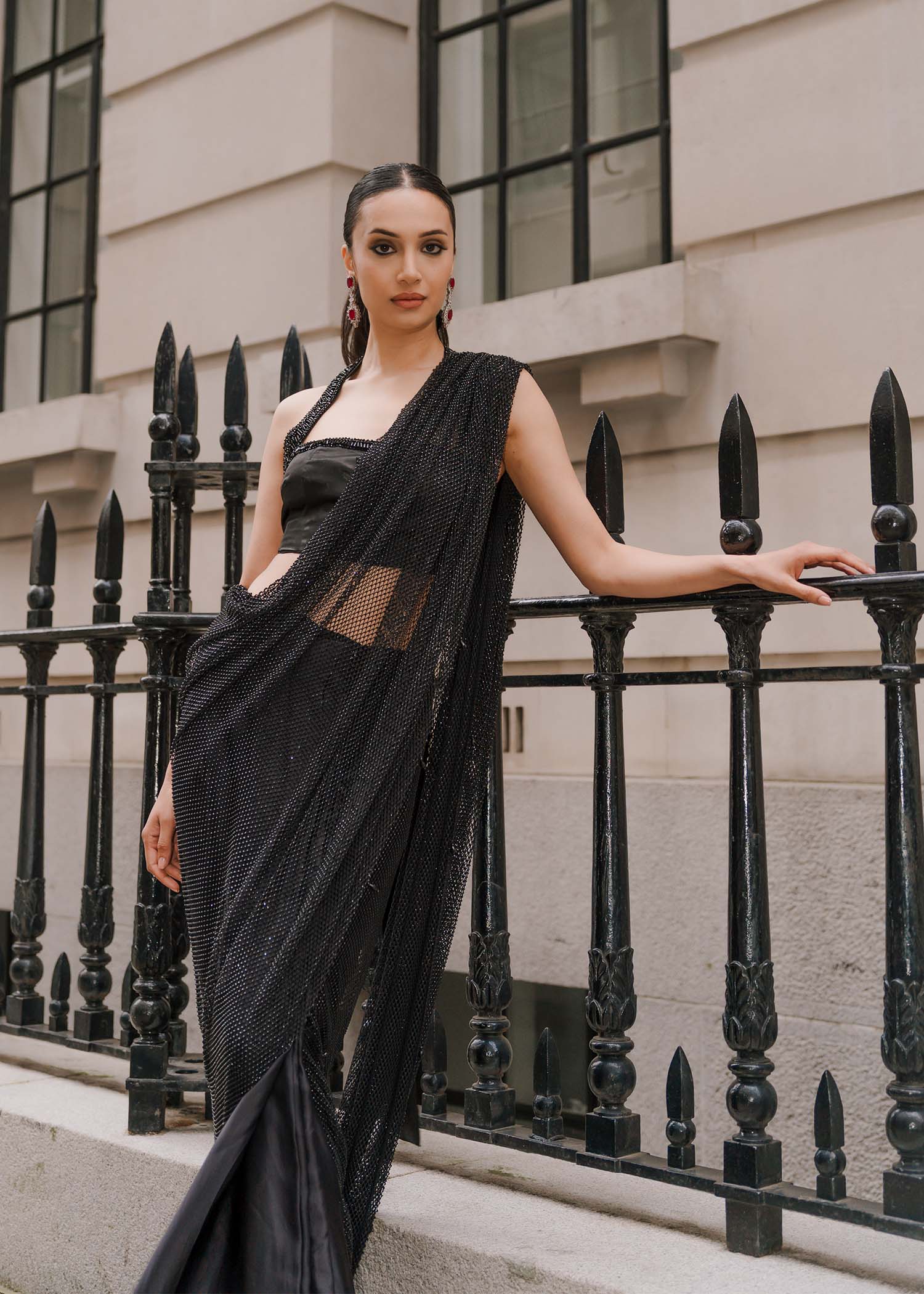 Pakistani Black Crystal Embellished Raw Silk Saree (2-Piece) - Image 5