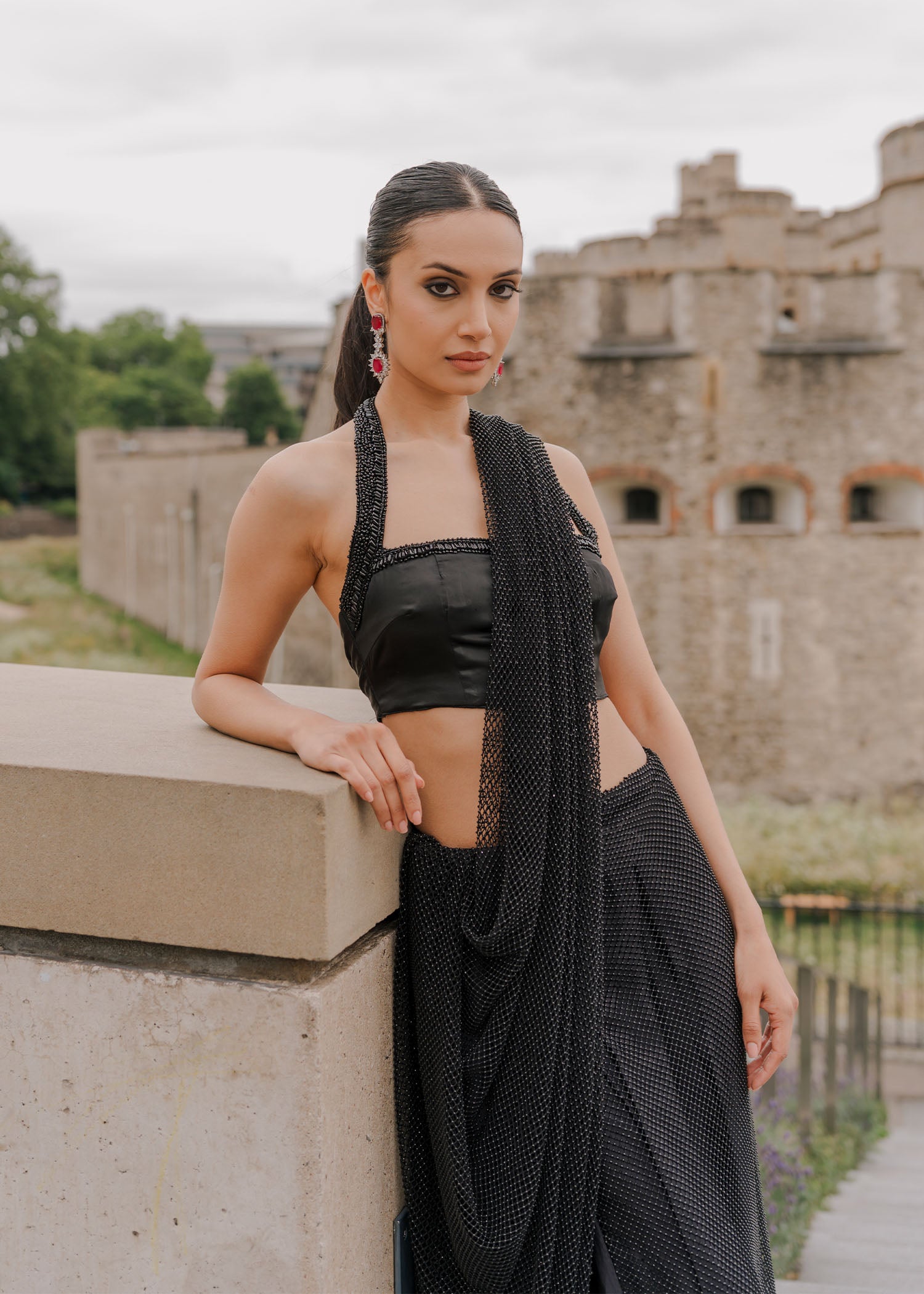 Pakistani Black Crystal Embellished Raw Silk Saree (2-Piece) - Image 6