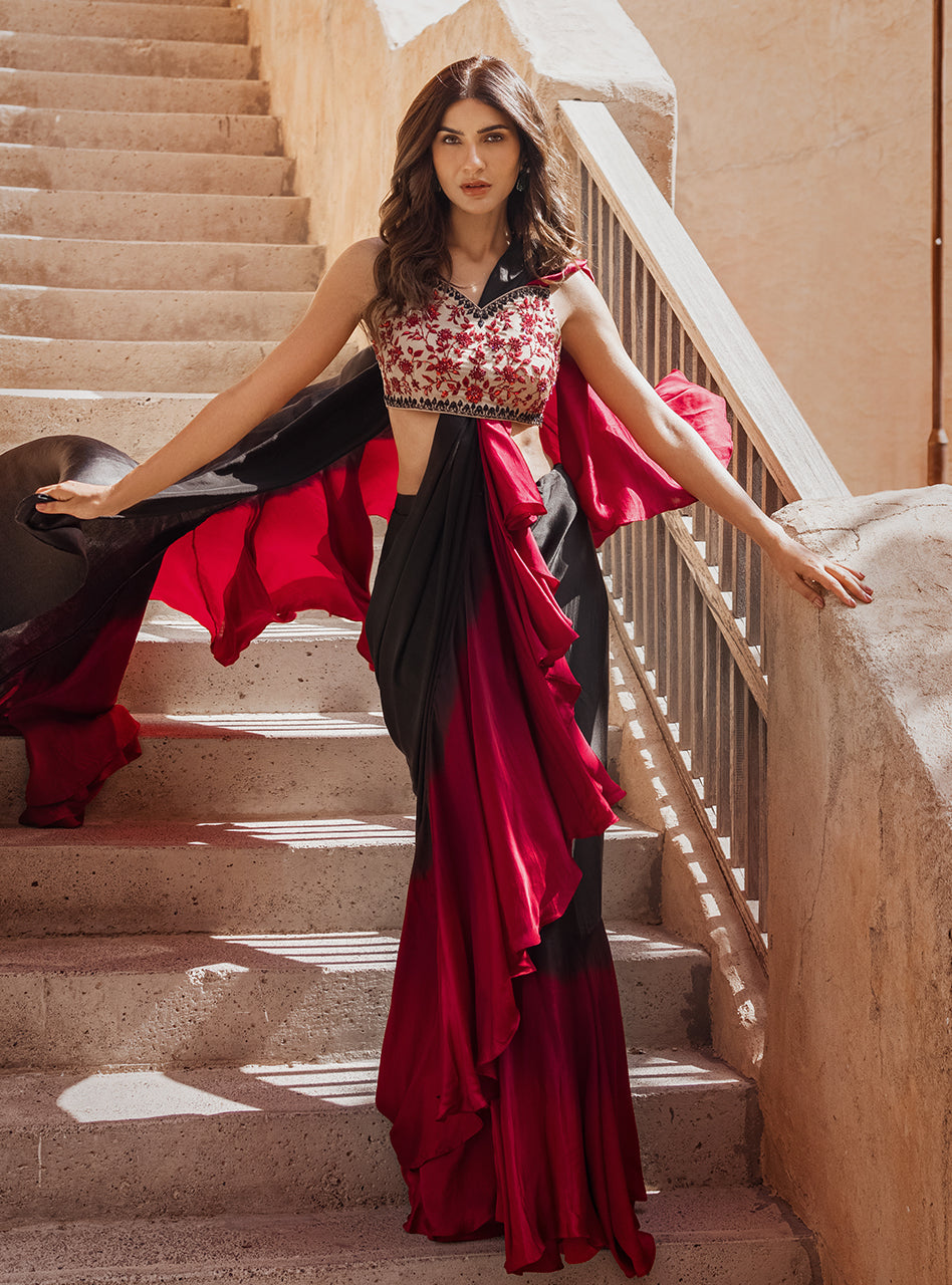 Black and Crimson Embroidered Raw Silk Saree (2-Piece) - Image 1