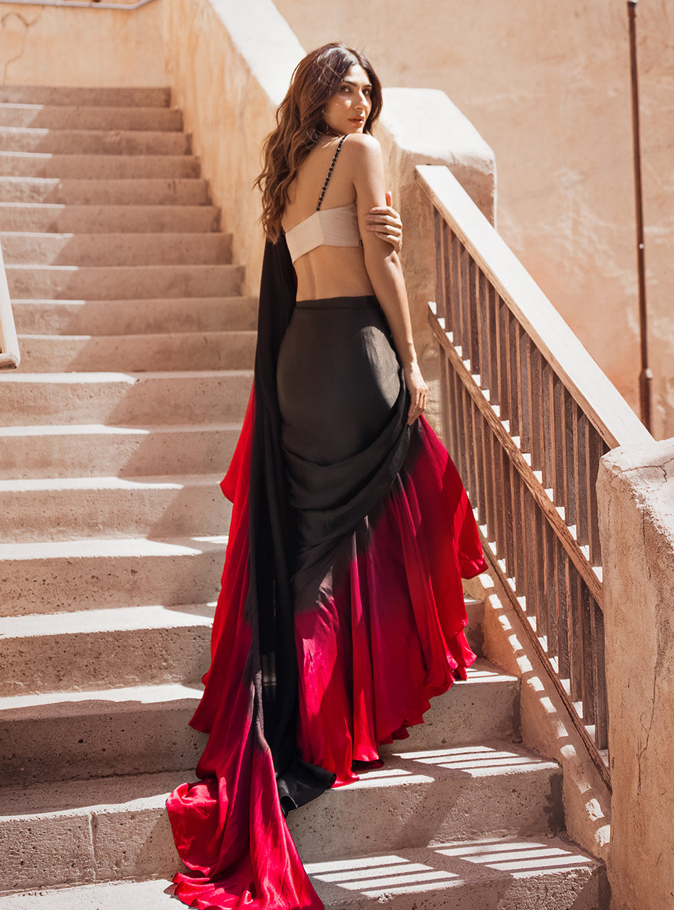 Black and Crimson Embroidered Raw Silk Saree (2-Piece) - Image 2