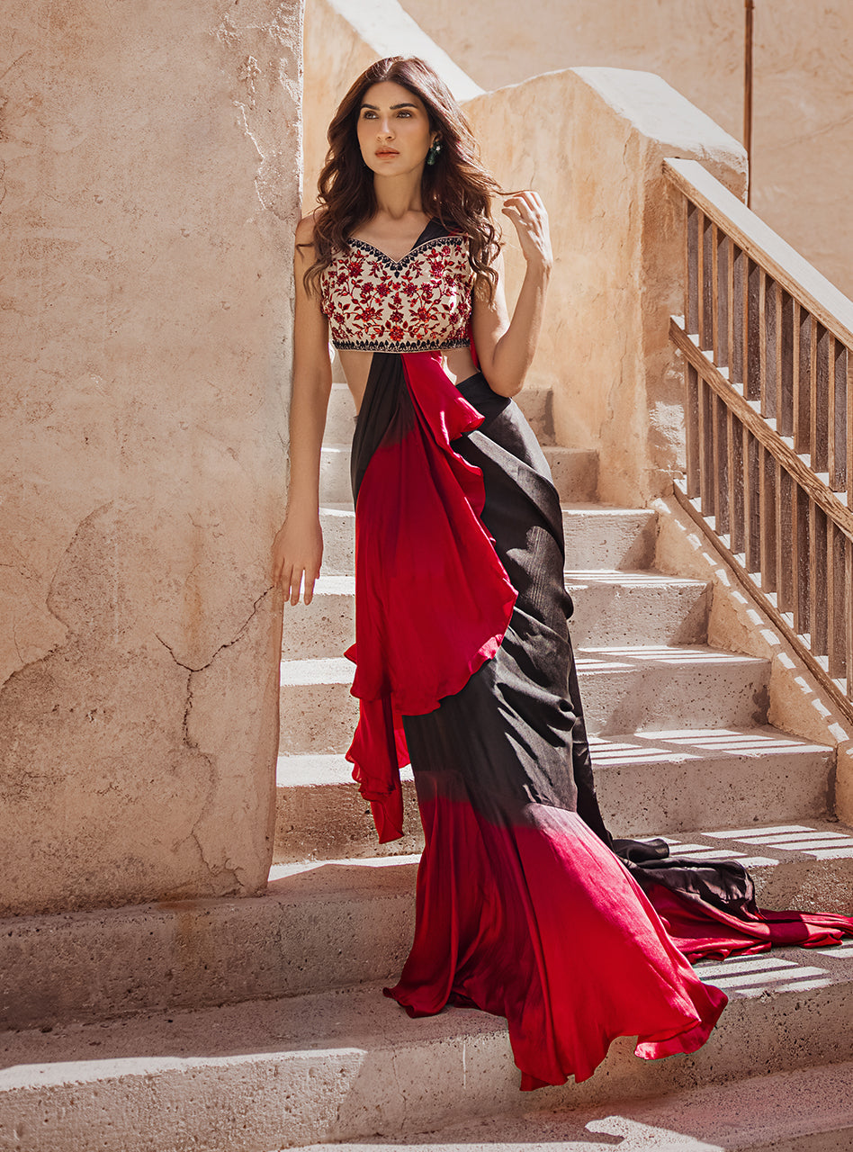 Black and Crimson Embroidered Raw Silk Saree (2-Piece) - Image 3