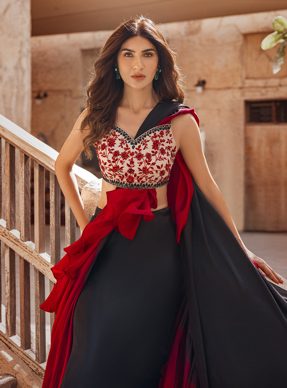 Black and Crimson Embroidered Raw Silk Saree (2-Piece) - Image 5