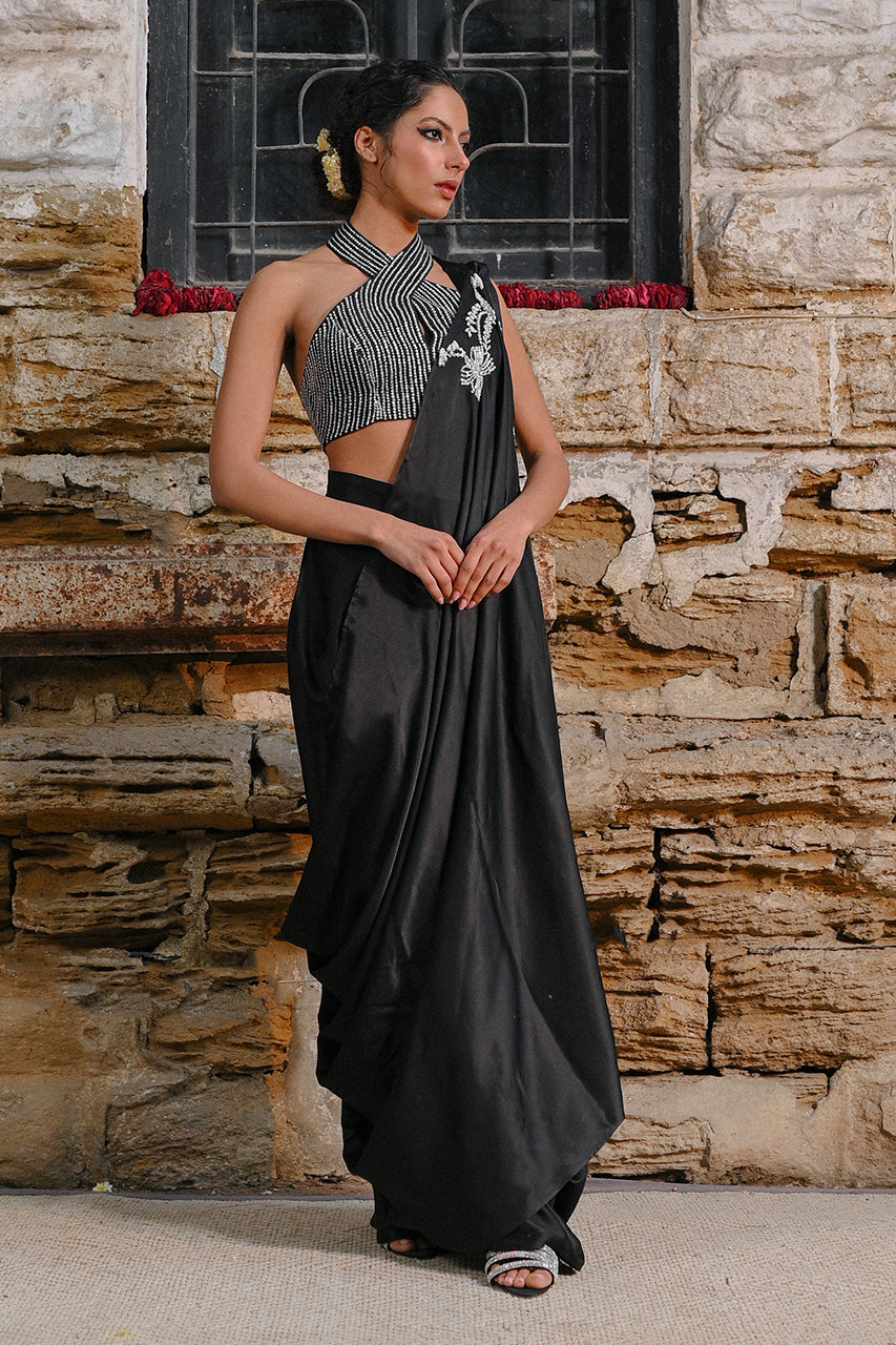 Charcoal Black Diamante Charmeuse Sari (2-Piece) - Image 1