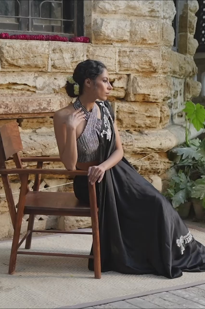 Charcoal Black Diamante Charmeuse Sari (2-Piece) - Image 10