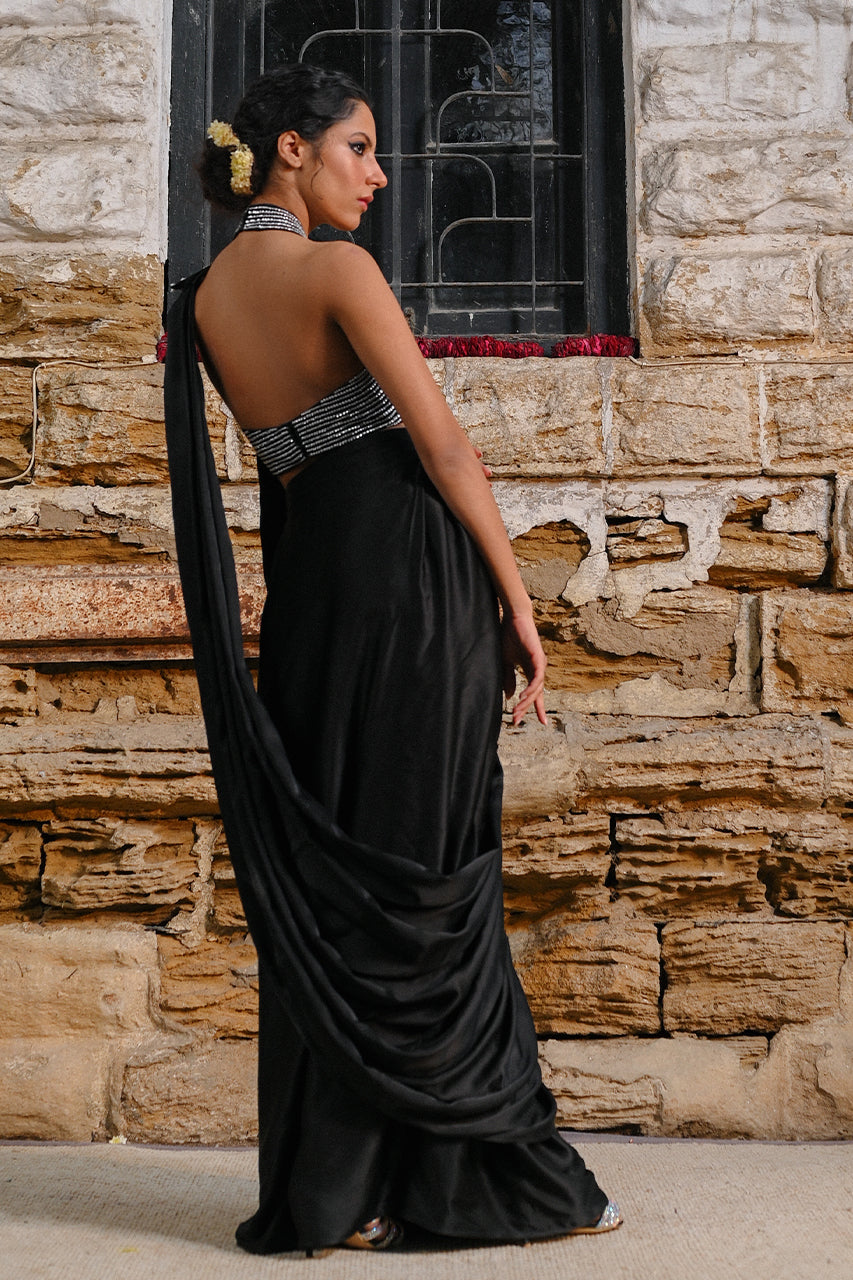 Charcoal Black Diamante Charmeuse Sari (2-Piece) - Image 2