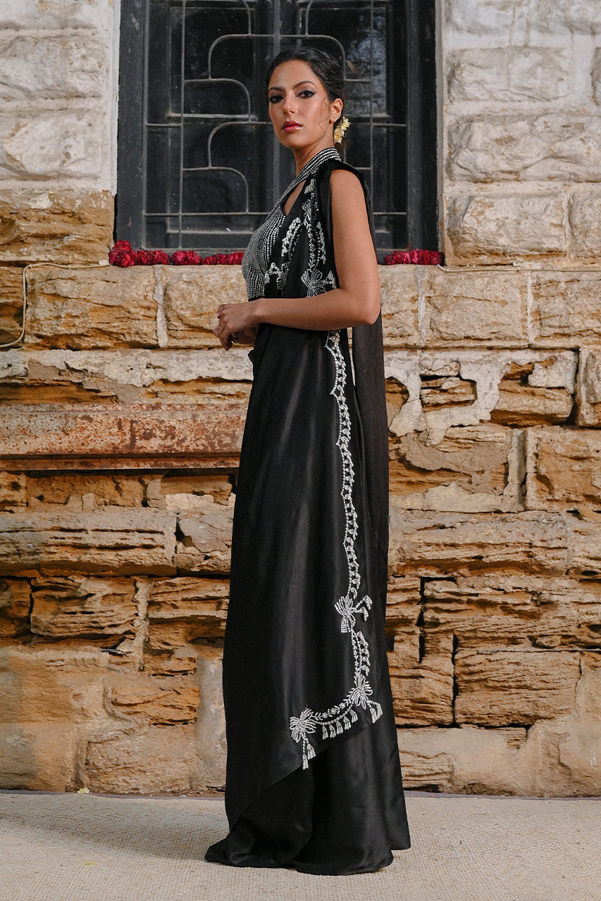 Charcoal Black Diamante Charmeuse Sari (2-Piece) - Image 3
