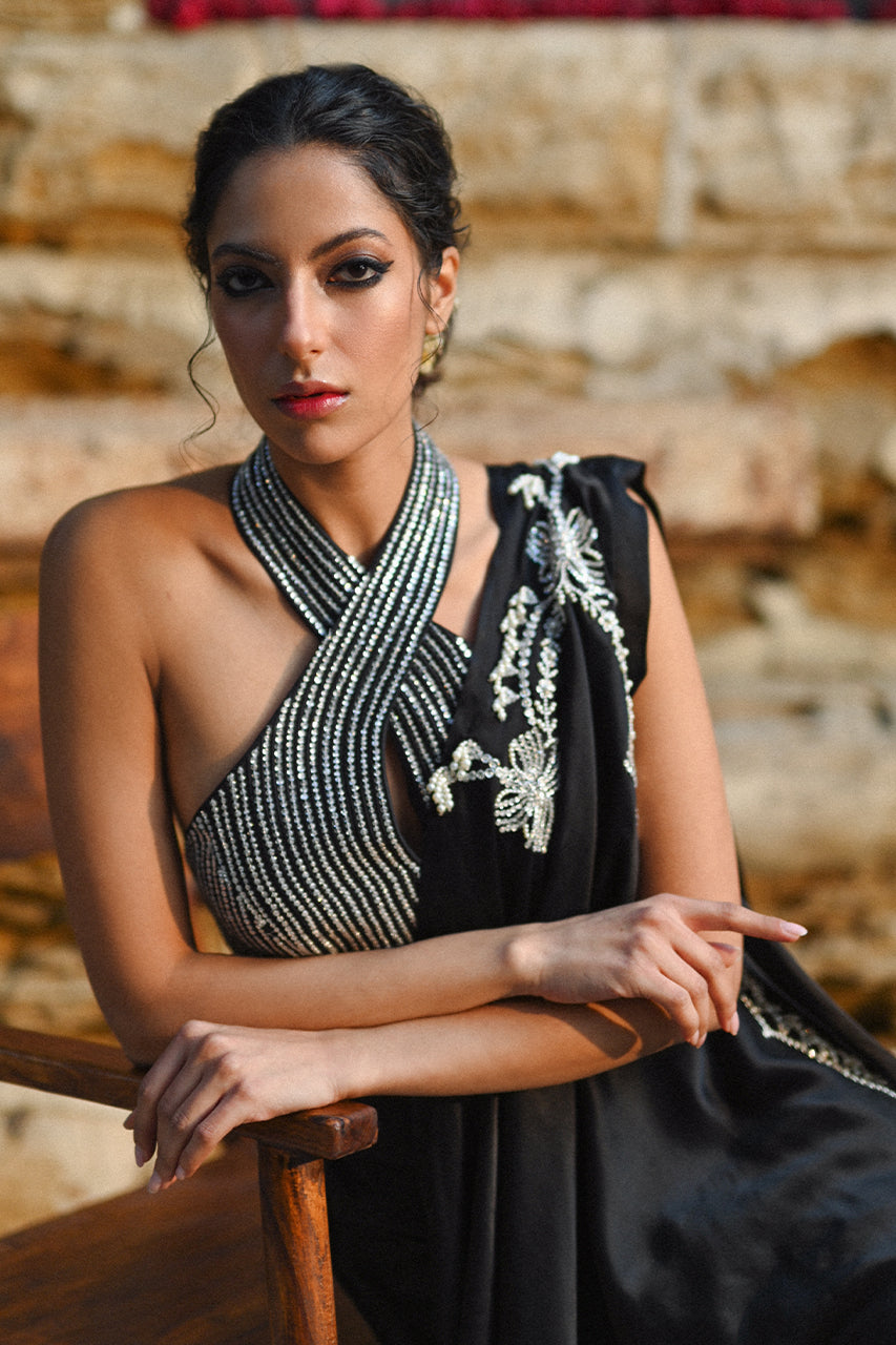 Charcoal Black Diamante Charmeuse Sari (2-Piece) - Image 4