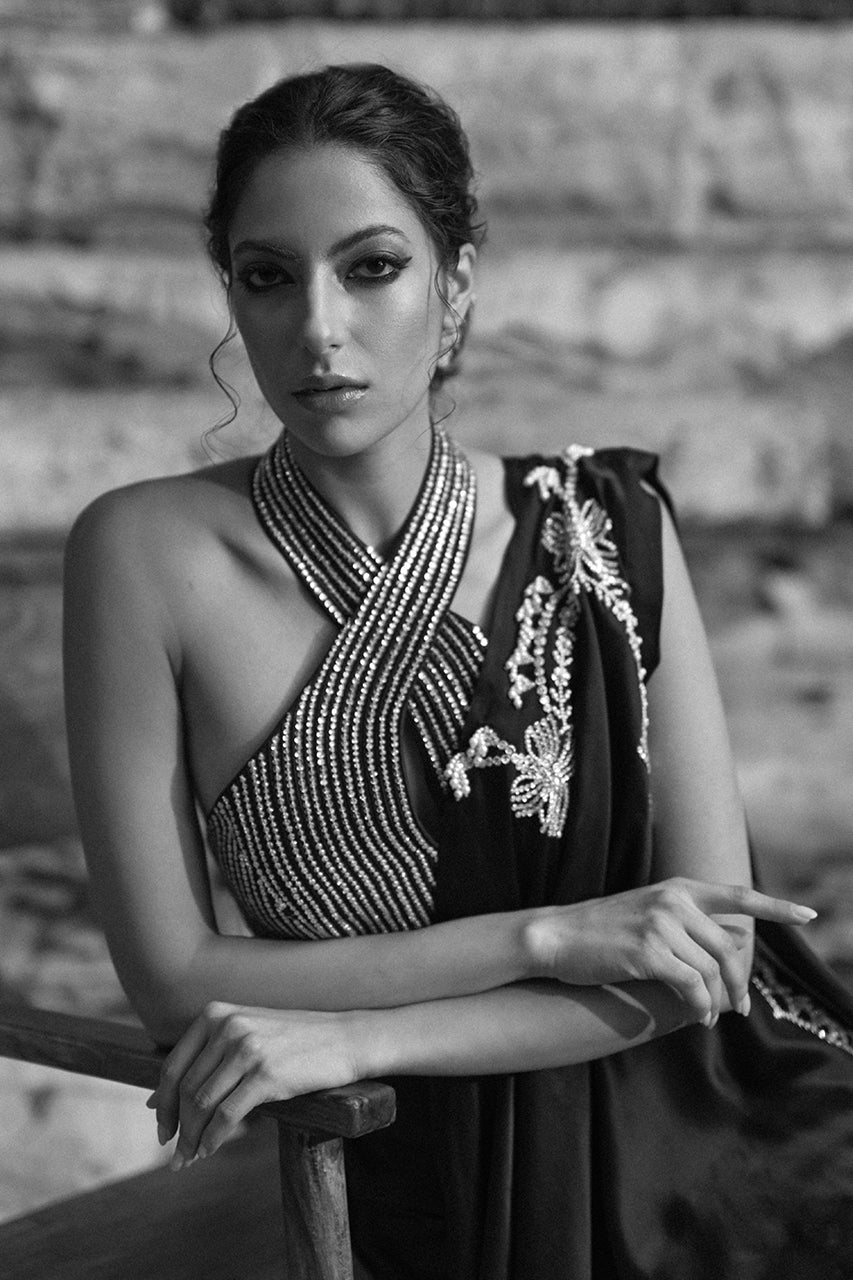 Charcoal Black Diamante Charmeuse Sari (2-Piece) - Image 5