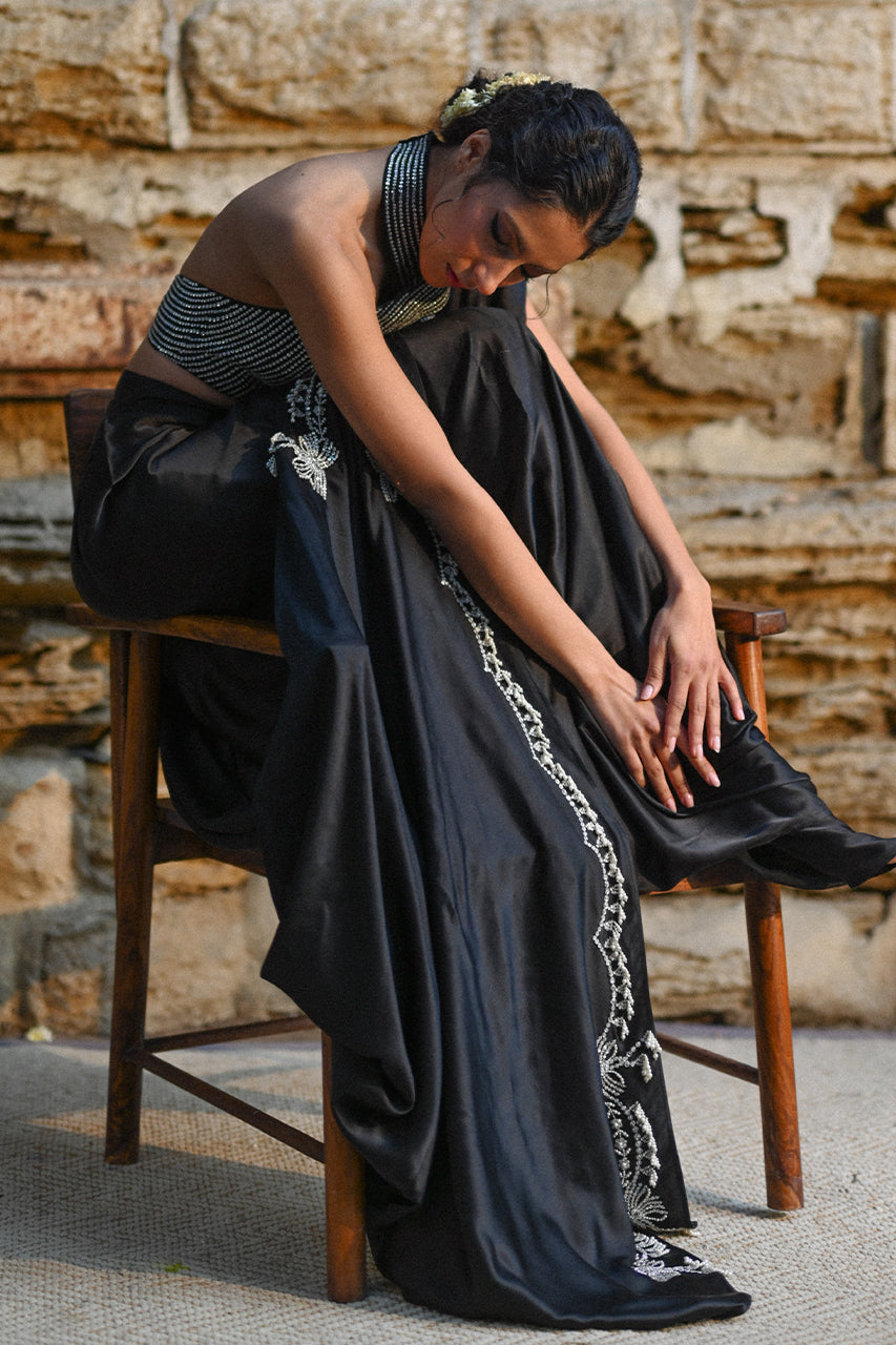 Charcoal Black Diamante Charmeuse Sari (2-Piece) - Image 6