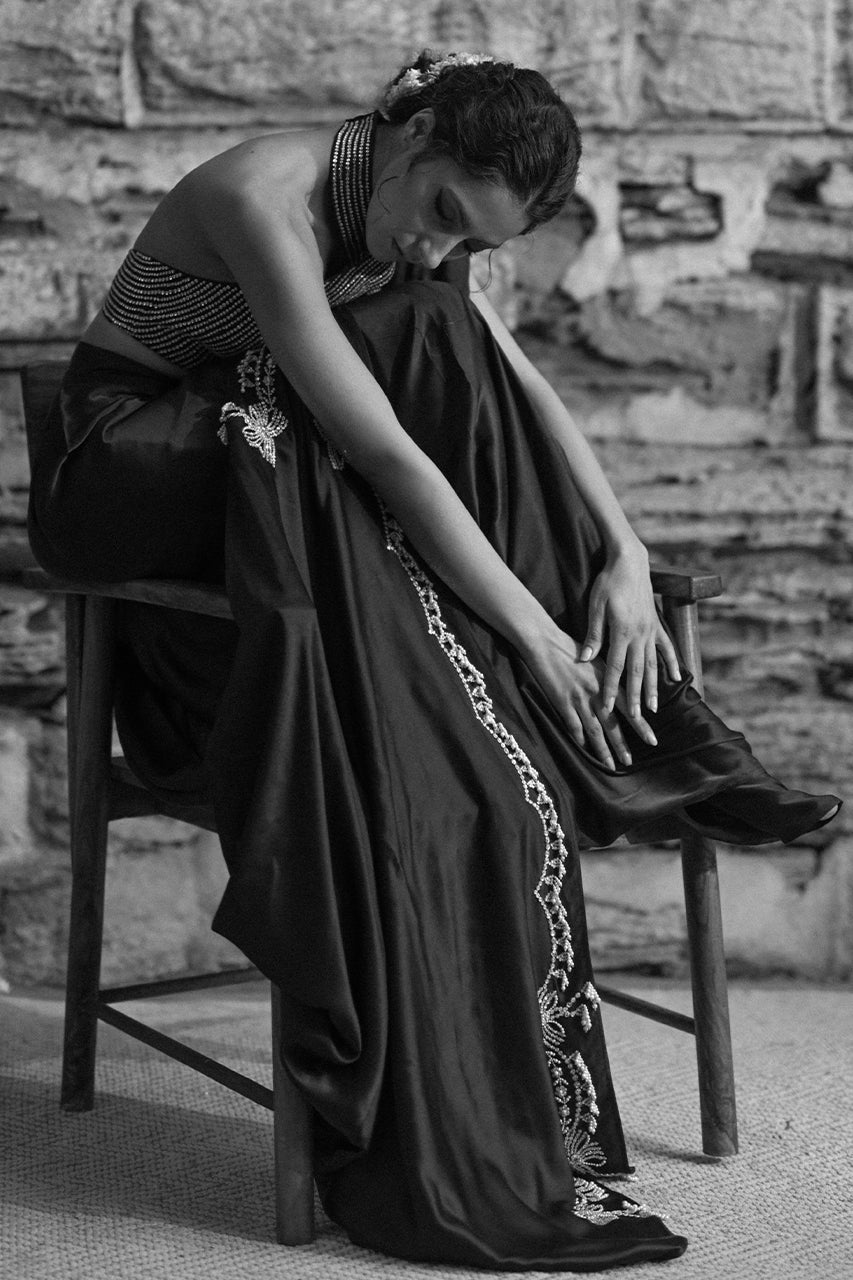 Charcoal Black Diamante Charmeuse Sari (2-Piece) - Image 7