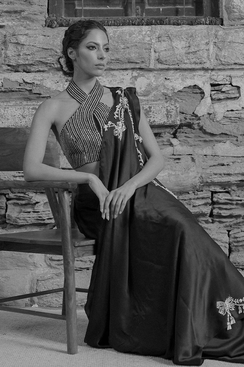 Charcoal Black Diamante Charmeuse Sari (2-Piece) - Image 9