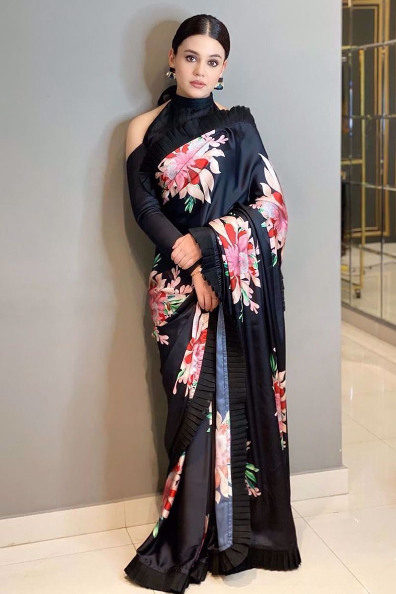 Pakistani Black Digital Floral Silk Saree (1-Pc) - Image 1