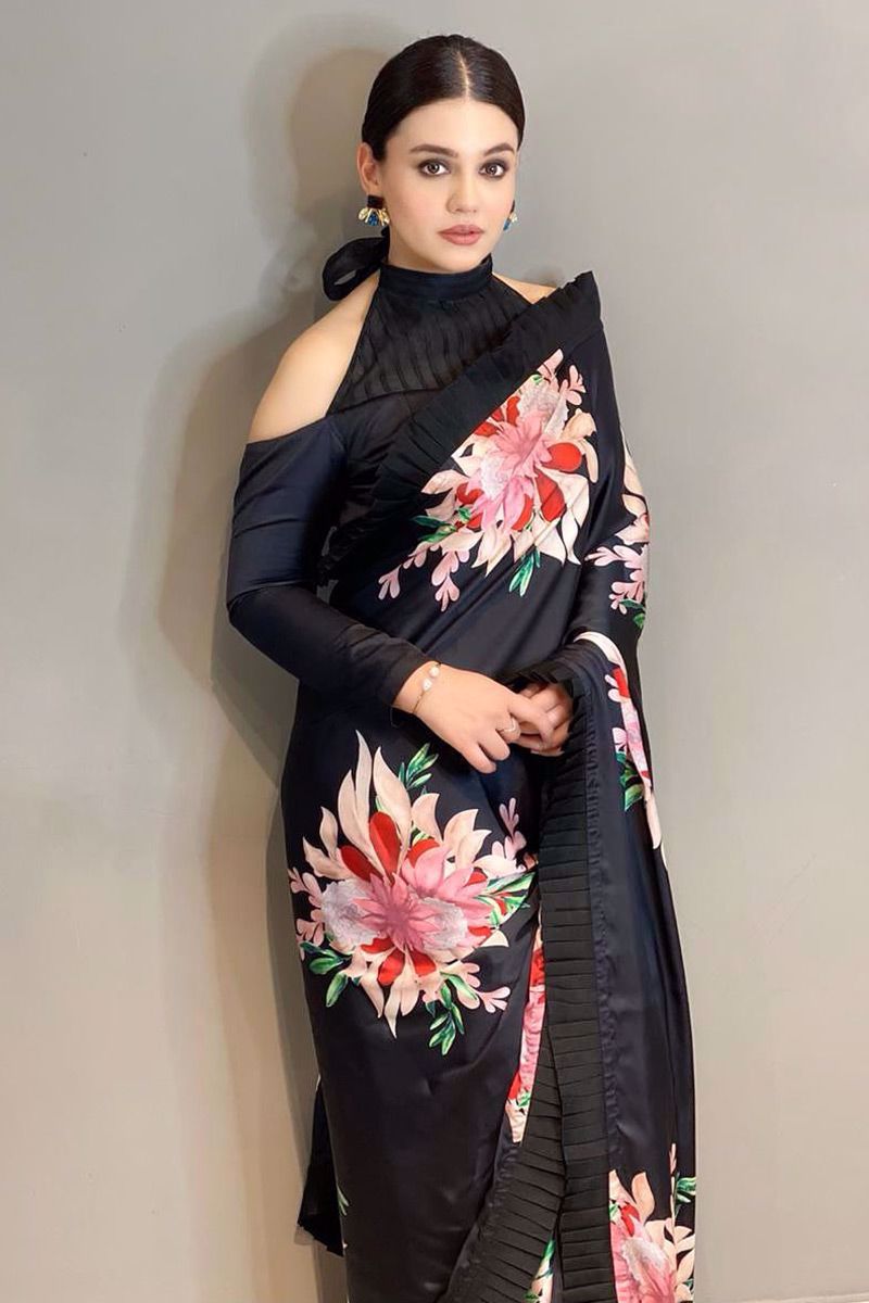 Pakistani Black Digital Floral Silk Saree (1-Pc) - Image 2