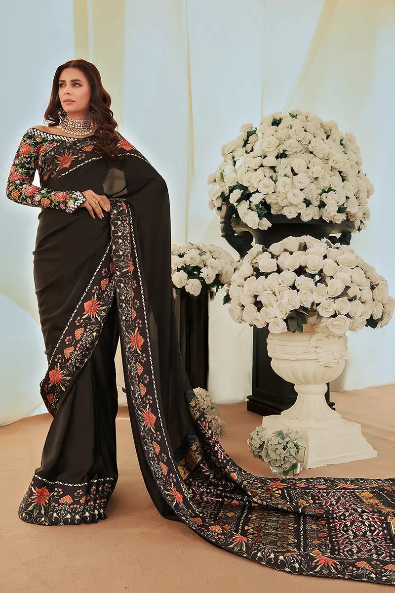 Black Embroidered Silk Saree with Multicolour Blouse (2-Piece) - Image 1