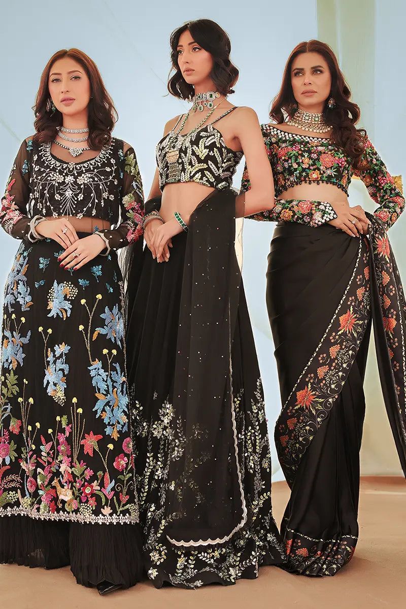 Black Embroidered Silk Saree with Multicolour Blouse (2-Piece) - Image 10