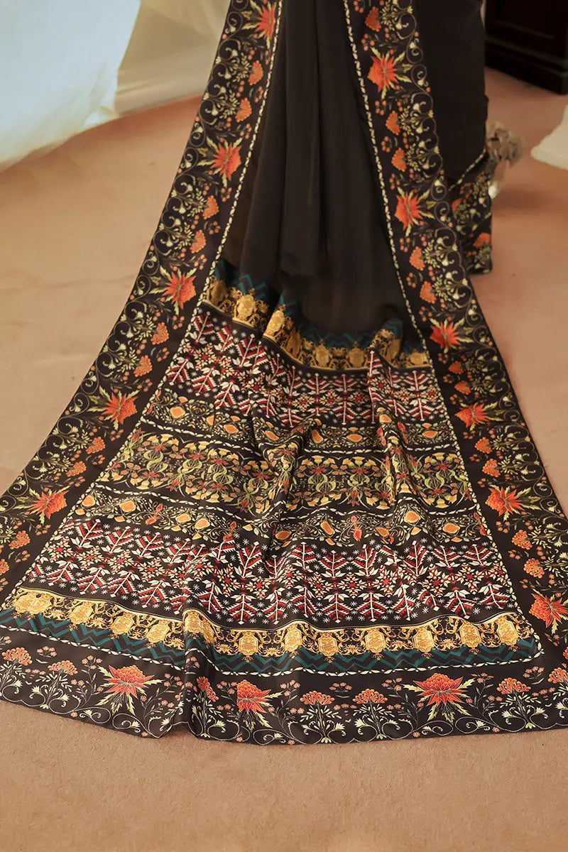 Black Embroidered Silk Saree with Multicolour Blouse (2-Piece) - Image 11