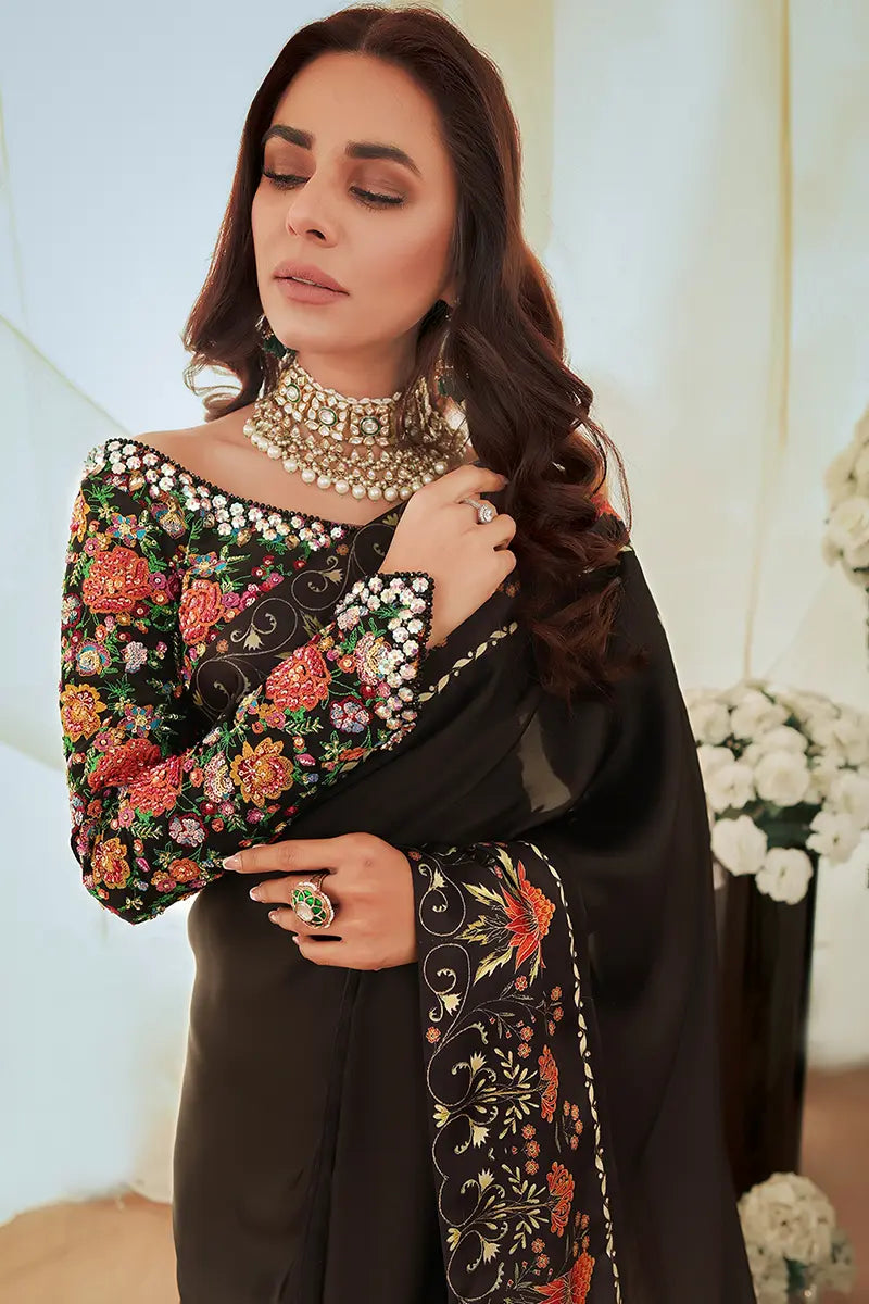 Black Embroidered Silk Saree with Multicolour Blouse (2-Piece) - Image 2