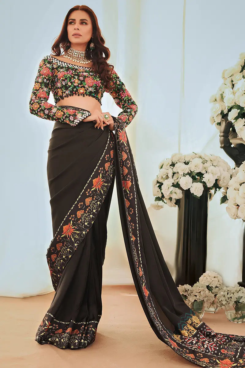 Black Embroidered Silk Saree with Multicolour Blouse (2-Piece) - Image 4