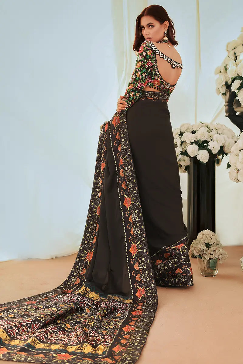 Black Embroidered Silk Saree with Multicolour Blouse (2-Piece) - Image 6