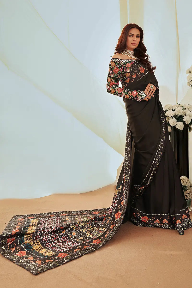 Black Embroidered Silk Saree with Multicolour Blouse (2-Piece) - Image 8