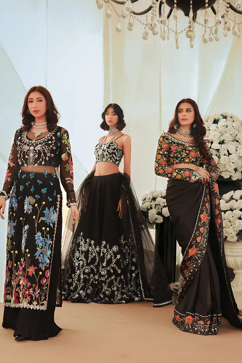 Black Embroidered Silk Saree with Multicolour Blouse (2-Piece) - Image 9