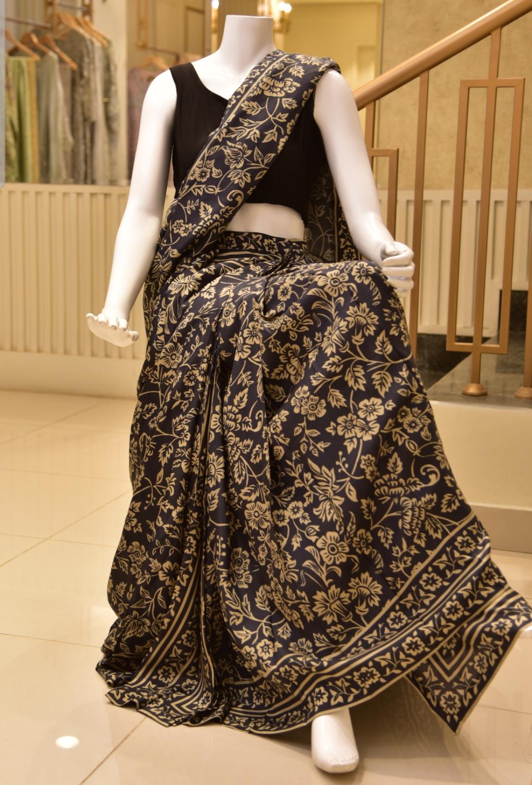 Black Printed Silk Saree with Raw Silk Blouse (2-Piece) - Image 1