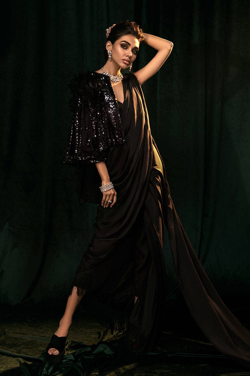 Pakistani Black Sequinned Silk Pant Saree (3-Piece) - Image 1