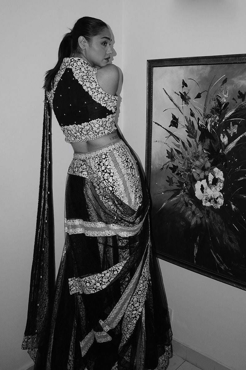 Pakistani Black and Beige Hand-Embroidered Tulle Saree Dress (2-Piece) - Image 3