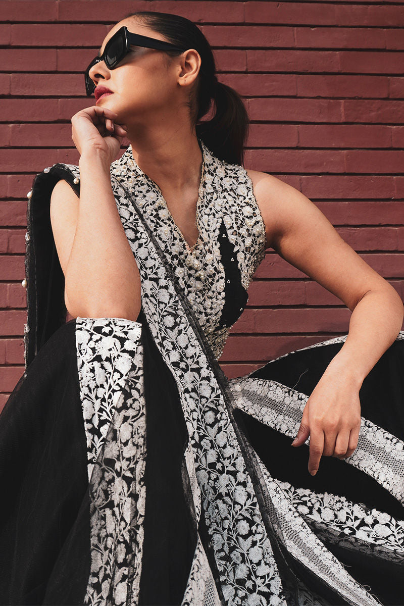 Pakistani Black and Beige Hand-Embroidered Tulle Saree Dress (2-Piece) - Image 4
