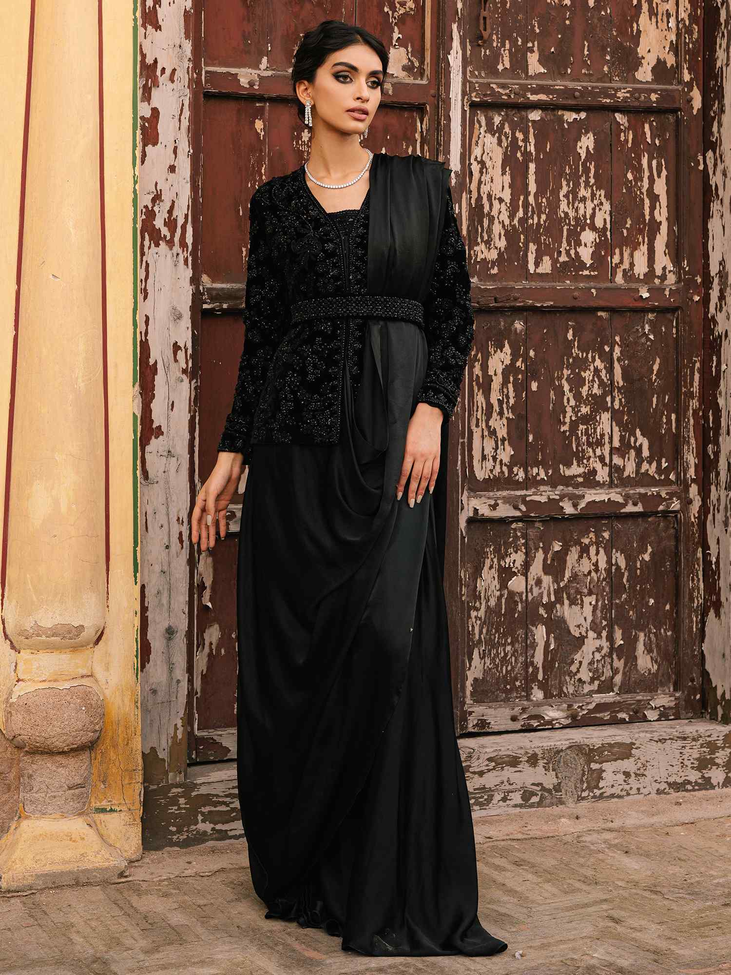 Pakistani Black Embellished Velvet & Silk Saree Set (3-Piece) - Image 1