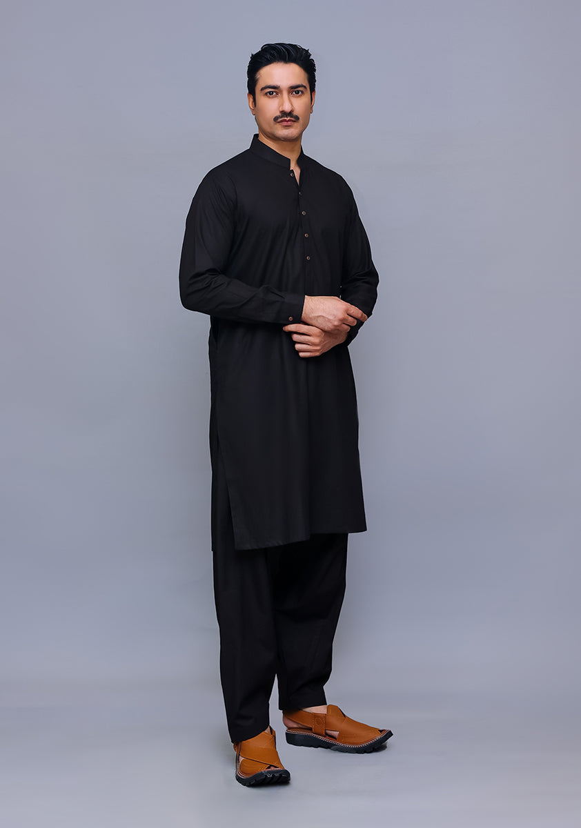 Black Cotton Classic Fit Shalwar Kameez (2-Piece) - Image 1