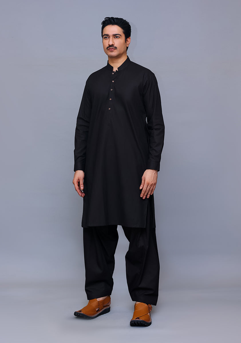 Black Cotton Classic Fit Shalwar Kameez (2-Piece) - Image 2