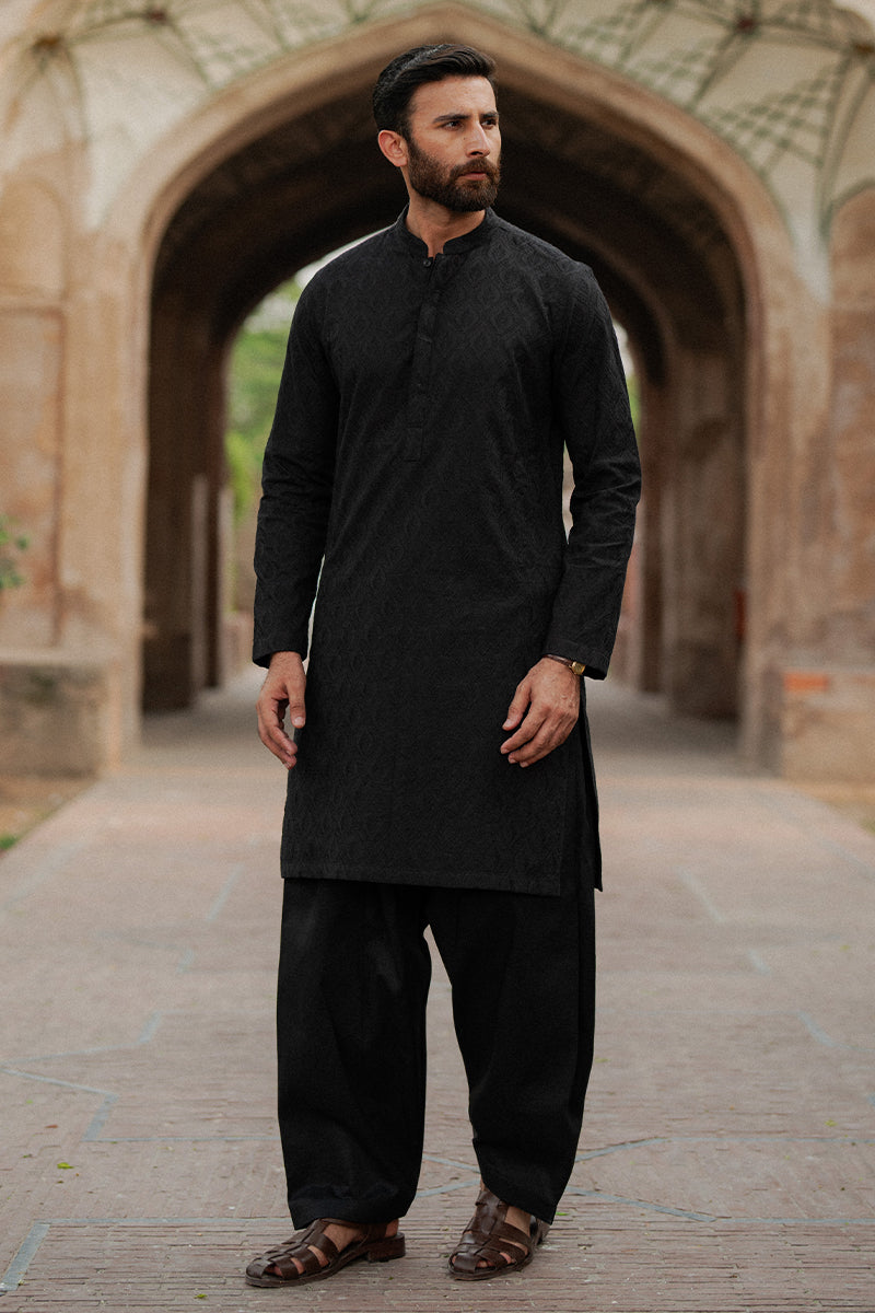 Black Chikankari Premium Cotton Shalwar Kameez (2-Piece) - Image 1