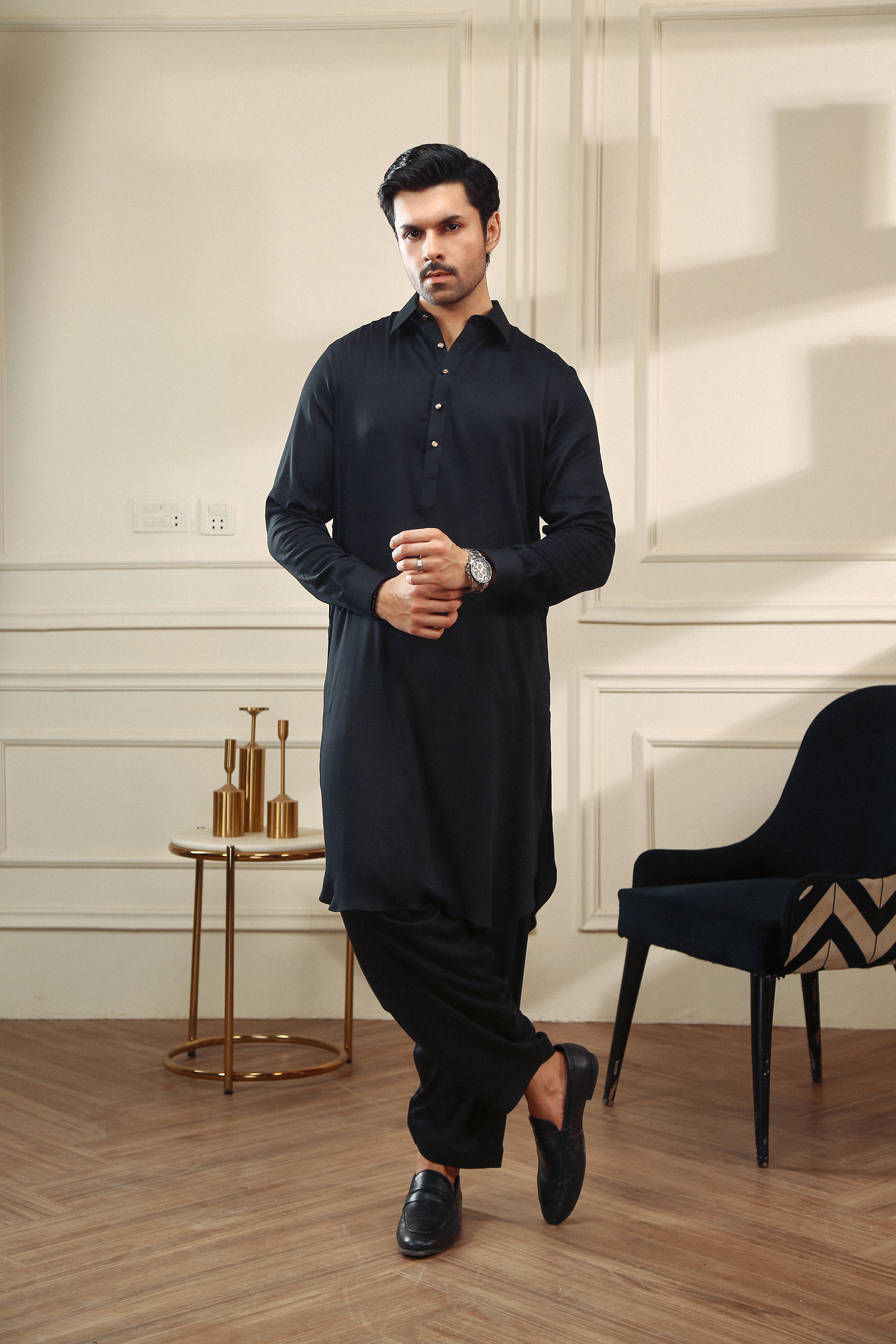 Black Cotton Linen Shalwar Kameez (2-Piece) - Image 1