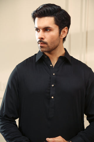 Black Cotton Linen Shalwar Kameez (2-Piece) - Image 3