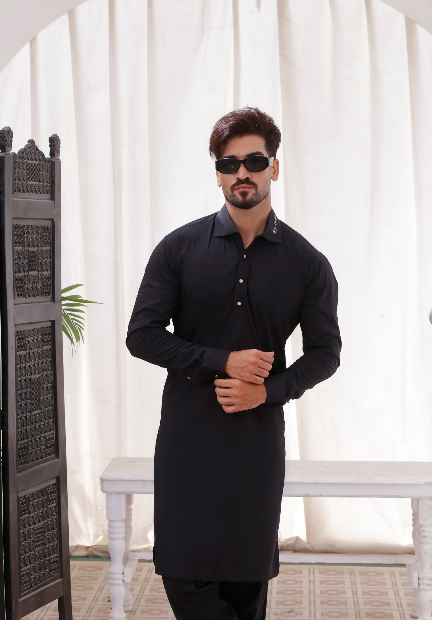 Black Embroidered Cotton-Polyester Shalwar Kameez (2-Piece) - Image 2