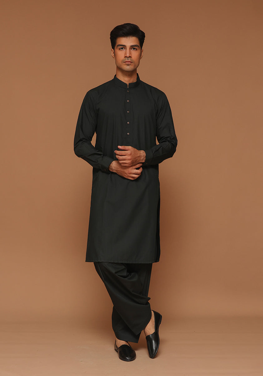Black Poly Viscose Slim Fit Shalwar Kameez (2-Piece) - Image 1