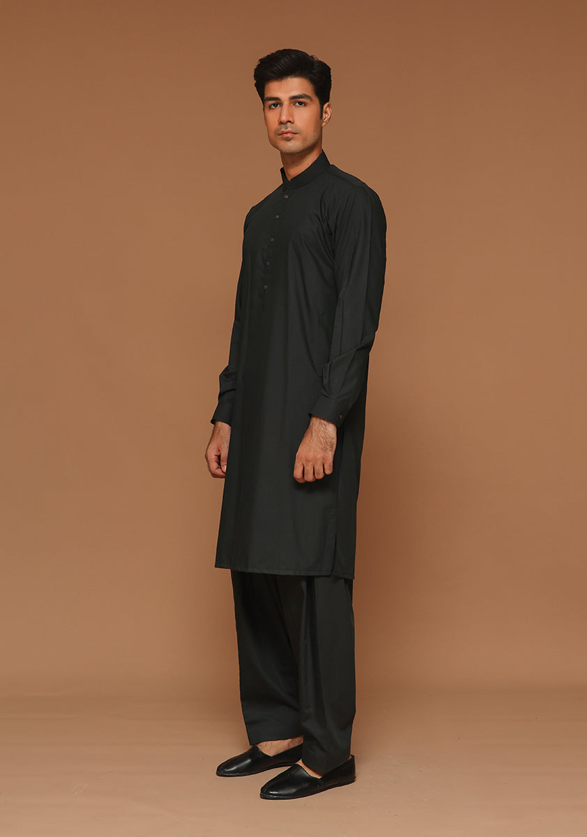 Black Poly Viscose Slim Fit Shalwar Kameez (2-Piece) - Image 2