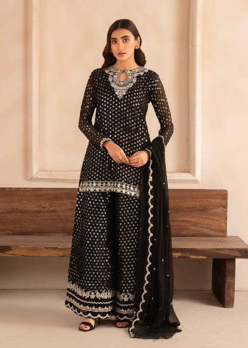 Pakistani Black Sequin Embroidered Chiffon Sharara (3-Piece) - Image 1