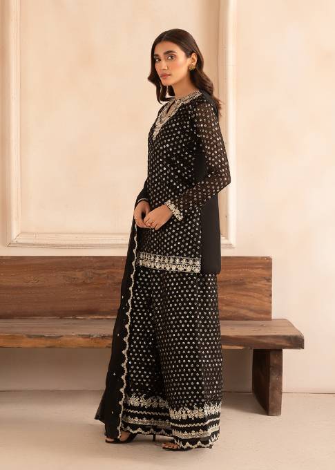 Pakistani Black Sequin Embroidered Chiffon Sharara (3-Piece) - Image 2
